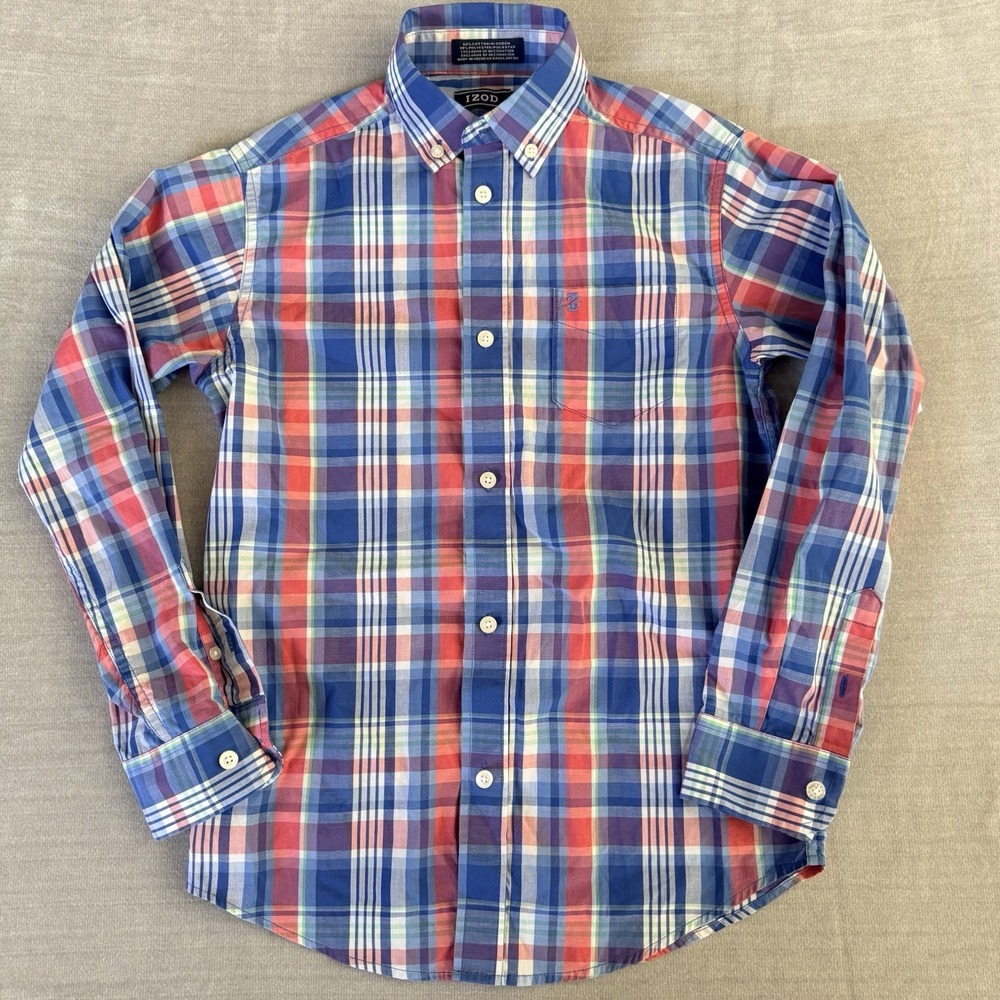 IZOD Boys Plaid Button Down Shirt Size 10 12 Blue Red Long Sleeve Cotton